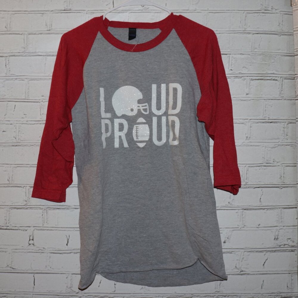 🏈 Tultex Raglan “Loud Proud” Football Tee · Size S · Gray & Red · Like New